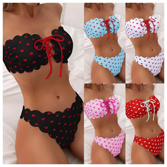 Printed Tube-top Bikini With Tie-up Drawstring