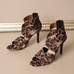 Women's Leopard Print Crisscross Strap Stiletto Heel Sandals-Open Toe High Heels For Party & Evening Wear