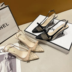 2026 New Arrival Closed-Toe Heels For Women, Summer Open-Wear Pointed-Toe Stiletto Sandals With Bowknot & Tulle, Sexy Single Pumps