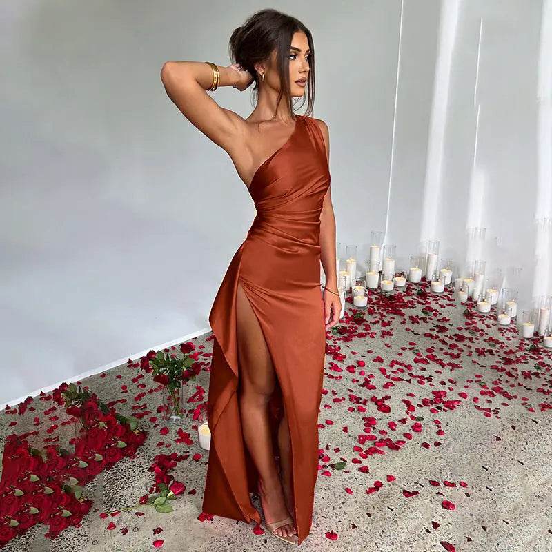 Sexy One-shoulder Backless Slit Dress Summer Elegant Slim-fit Solid Color Satin Dresses For Women - ProTrendyz