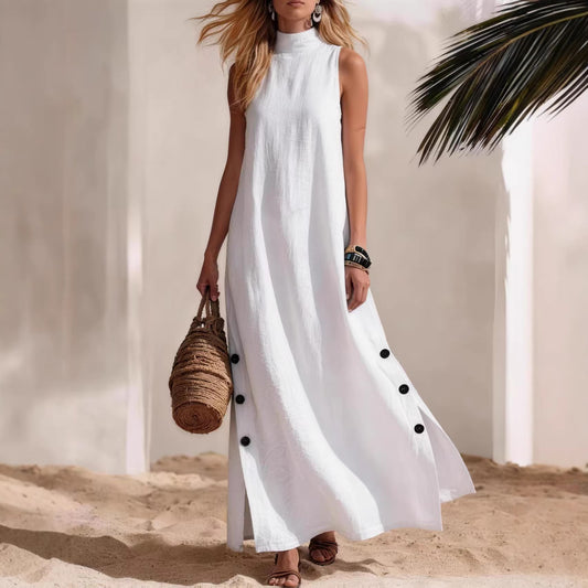 Casual Solid-Colored Cotton-Linen Sleeveless Mid-Length Dress With Side Slits