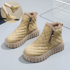 Women's Plaid Pattern Platform Ankle Boots Casual Side Zipper Plush Lined Snow Boots Winter Comfortable Short Boots - ProTrendyz