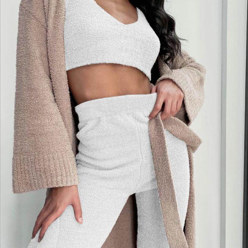 3pcs Womens Clothing Long Sleeve Crop Tank Top And Drawstring Shorts Pajama Set - ProTrendyz