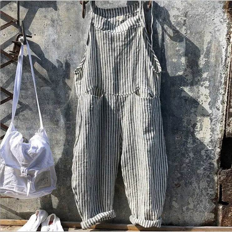 Striped Bib Jumpsuit With Pockets Summer Fashion Loose Wide-leg Pants For Women Clothing - ProTrendyz