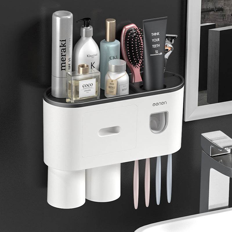 Non-marking Hanging Magnetic Toothbrush Holder Single Drawer Storage Rack With Toothpaste Squeezer Toiletry Set - ProTrendyz