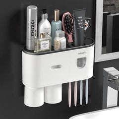 Non-marking Hanging Magnetic Toothbrush Holder Single Drawer Storage Rack With Toothpaste Squeezer Toiletry Set - ProTrendyz