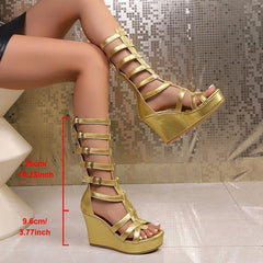 Women's Metallic Gold Gladiator Wedge Sandals Open Toe Buckle Strap Platform High Heel Boots