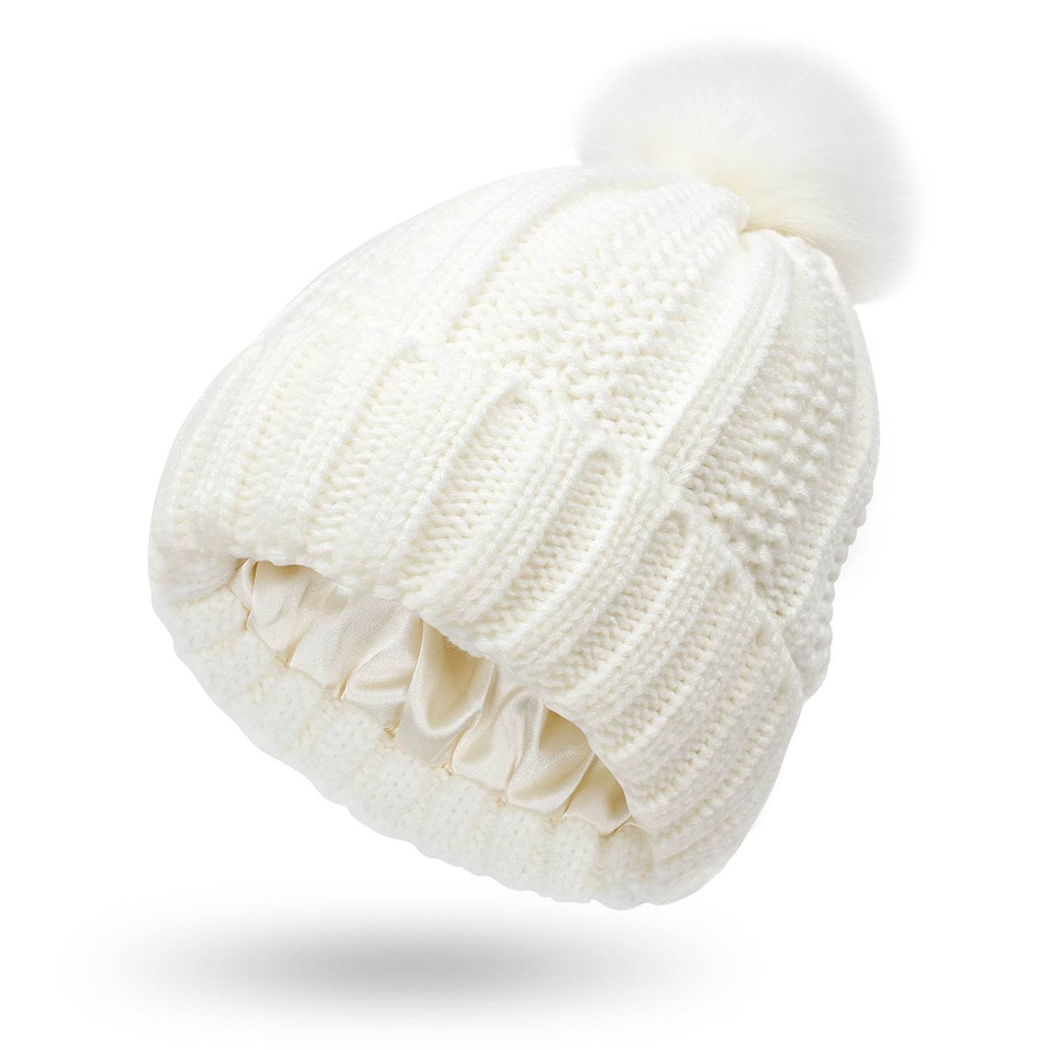 Fashion Stretchy Satin Lined Skull Knit Hats Beanie Hat For Women Faux Fur Pom Pom Hat Winter Keep Warming Beanie Hat - ProTrendyz