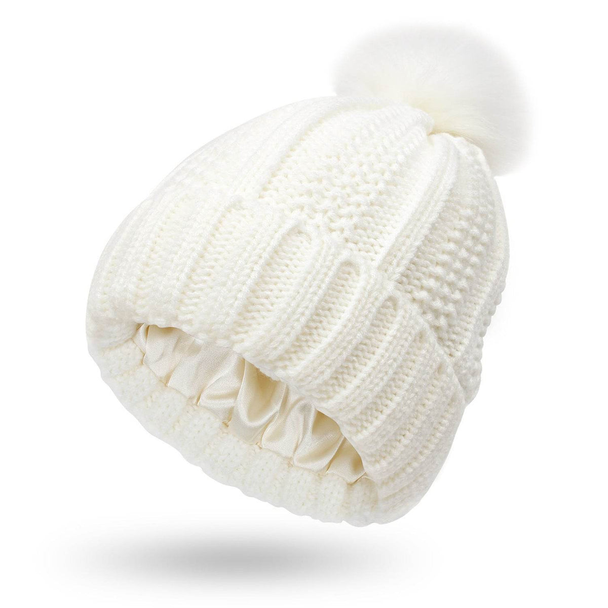 Fashion Stretchy Satin Lined Skull Knit Hats Beanie Hat For Women Faux Fur Pom Pom Hat Winter Keep Warming Beanie Hat - ProTrendyz
