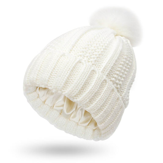 Fashion Stretchy Satin Lined Skull Knit Hats Beanie Hat For Women Faux Fur Pom Pom Hat Winter Keep Warming Beanie Hat - ProTrendyz