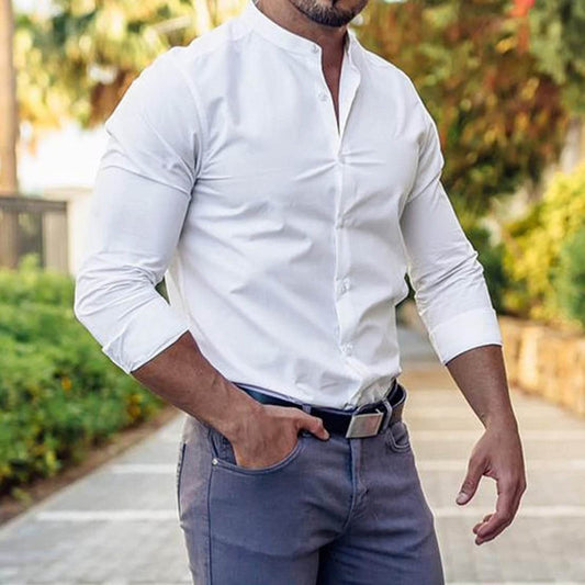 Long Sleeve Shirt Men Casual Button Down Slim Tops Solid Color Casual Mens Clothing - ProTrendyz