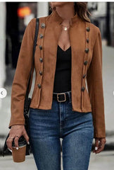 Solid Short Jacket Double Breasted Decorative Design Fashion Retro Suede Long Sleeve Outwear Tops Coat For Womens Clothing - ProTrendyz