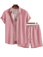 Men's Solid Color Lapel Short-Sleeve Shirt And Shorts Set