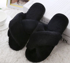 Winter Women Home Slippers With Faux Fur Fashion Warm Shoes Woman Slip On Flats Female Slides Black Plus Size
