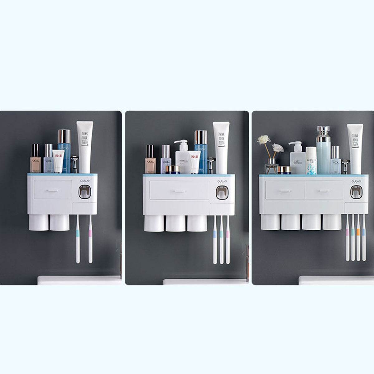 Non-marking Hanging Magnetic Toothbrush Holder Single Drawer Storage Rack With Toothpaste Squeezer Toiletry Set - ProTrendyz