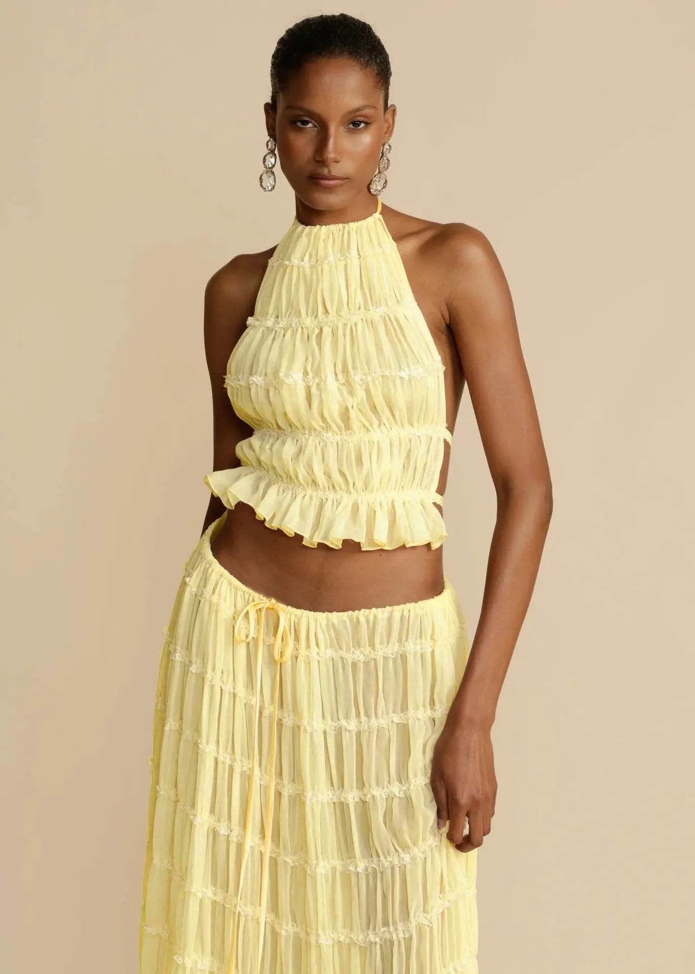 2pcs Women's Dress Suit Sexy Sleeveless Backless Cropped Halter Top And Pleated Long Skirt Beach Clothing - ProTrendyz