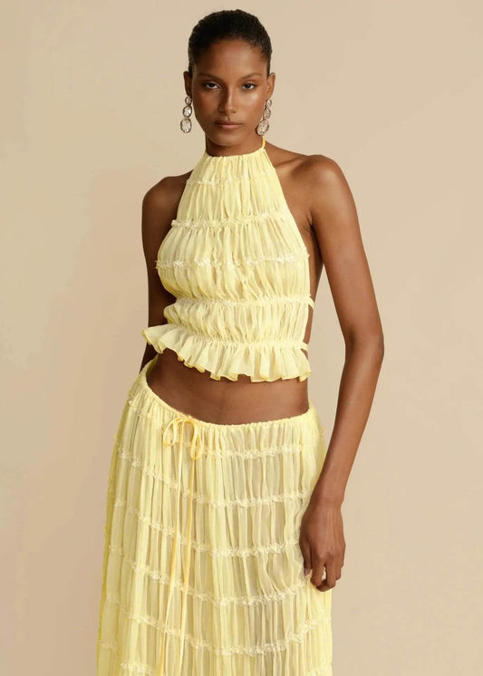 2pcs Women's Dress Suit Sexy Sleeveless Backless Cropped Halter Top And Pleated Long Skirt Beach Clothing - ProTrendyz