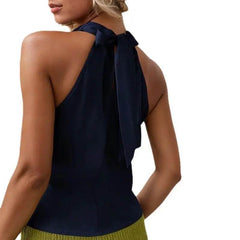 Women Solid Color Swing Collar Sleeveless Vest Trendy Elegant Shirt With Halter Neckline Backless Short Sleeve Tops Tshirts - ProTrendyz