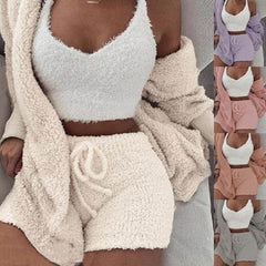 3pcs Womens Clothing Long Sleeve Crop Tank Top And Drawstring Shorts Pajama Set - ProTrendyz