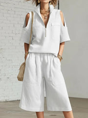 Womens Short-Sleeve Shirt And Shorts Loose Pants Two-Piece Set
