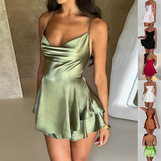 Sexy Suspender Skirt For Women Elegant Slim Strap Satin Backless Lace Up A-Line Short Dress Lady - ProTrendyz