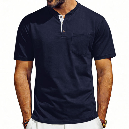 Men's Henley-neck Button-up Short-sleeve T-shirt