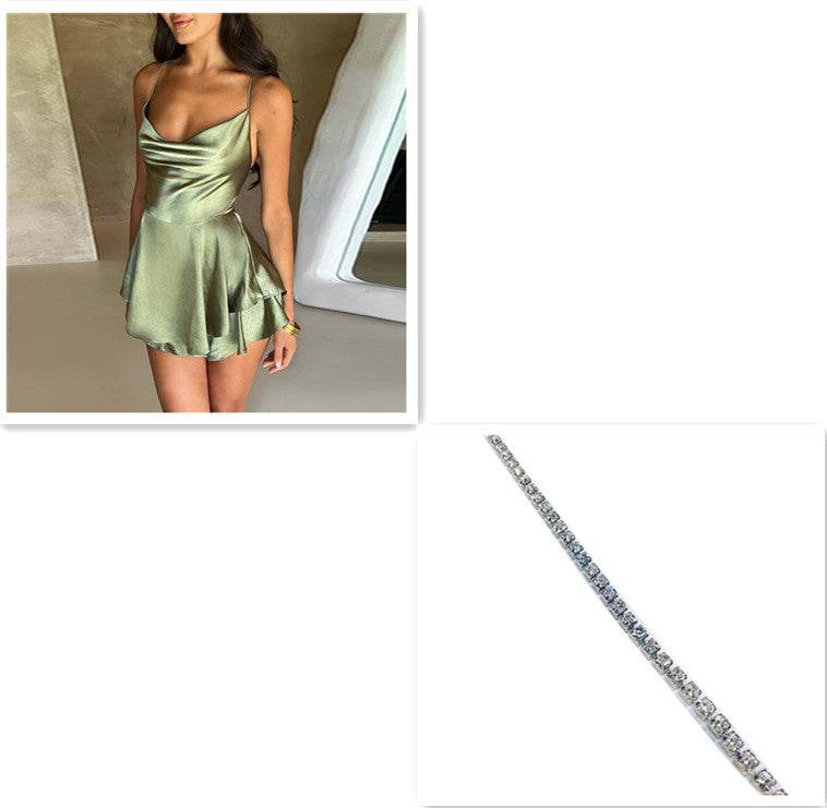 Sexy Suspender Skirt For Women Elegant Slim Strap Satin Backless Lace Up A-Line Short Dress Lady - ProTrendyz
