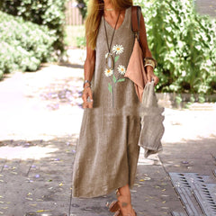 Large Design Cotton And Linen Retro Printed V-neck Dress