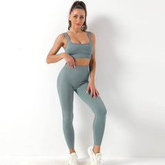 2pcs Thread Yoga Suit Seamless Bra And Butt Lifting High Waist Leggings Set For Women Sports Fitness Yoga Pants Sportswear Outfits Clothing - ProTrendyz