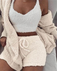 3pcs Womens Clothing Long Sleeve Crop Tank Top And Drawstring Shorts Pajama Set - ProTrendyz