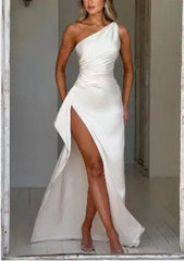 Sexy One-shoulder Backless Slit Dress Summer Elegant Slim-fit Solid Color Satin Dresses For Women - ProTrendyz