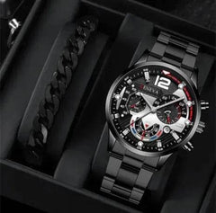2pcs Men's New Popular Steel Strip Fashion Business Three Eye Quartz Watch Bracelet Set Valentine's Day Gifts - ProTrendyz