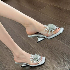 Luxury Firework Crystal Irregular Heel Sandals, Clear Strap Square Toe Kitten Heel Slides For Summer