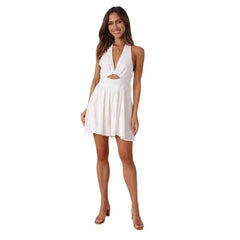 Vintage Women Hollow Out Short Dress Summer V-neck Halter Dress Sleeveless Mini Dresses Backless Holiday Beach Sundress Vestidos - ProTrendyz