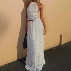 2pcs Women's Dress Suit Sexy Sleeveless Backless Cropped Halter Top And Pleated Long Skirt Beach Clothing - ProTrendyz