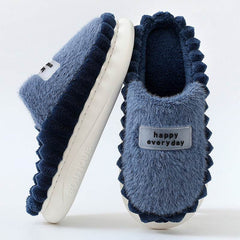 Home Slippers For Men Thick-soled Color-block Letters Fluffy Fleece House Shoes Winter Indoor Warm Slip On Floor Bedroom Slipper - ProTrendyz