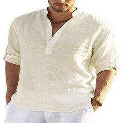 Men's Casual Cotton Linen Solid Color Long Sleeve Shirt Loose Stand Collar - ProTrendyz
