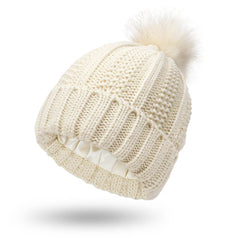 Fashion Stretchy Satin Lined Skull Knit Hats Beanie Hat For Women Faux Fur Pom Pom Hat Winter Keep Warming Beanie Hat - ProTrendyz
