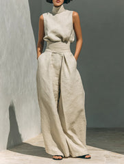 Casual Sleeveless Suit Summer Stand-up Collar Pullover Top And Loose Straight-leg Trousers Women's Clothing