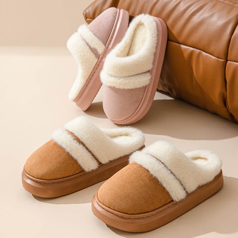 Fashion Warm Cotton Slippers For Women Leisure Thick Bottom Non-slip Plus-velvet House Shoes Winter Bedroom Floor Suede Slipper - ProTrendyz