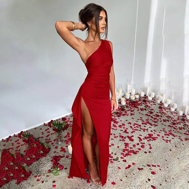 Sexy One-shoulder Backless Slit Dress Summer Elegant Slim-fit Solid Color Satin Dresses For Women - ProTrendyz