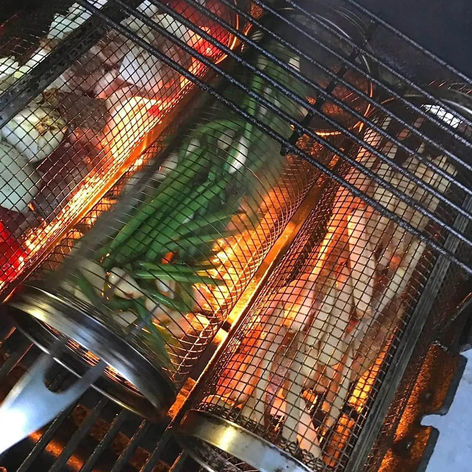 Rolling Grilling Basket Metal BBQ Barbecue Basket Net Portable Outdoor Camping Barbecue Rack Kitchen Gadgets - ProTrendyz