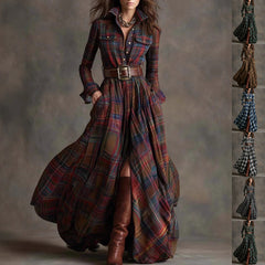 Ins Plaid Print Long-Sleeved Dress Fashion Pockets Collared Buttons Shirt Long Dresses Retro Women's Clothing