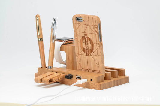 Compatible with Apple , Bamboo, wood andMobile applewatch bracket charging wooden bracket multi-function flat cell phone base - ProTrendyz