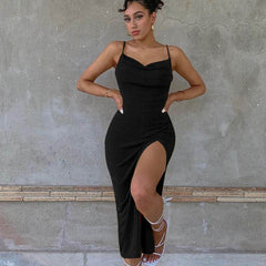 European And American Smooth Knitted Women's Slit Suspender Dress - ProTrendyz