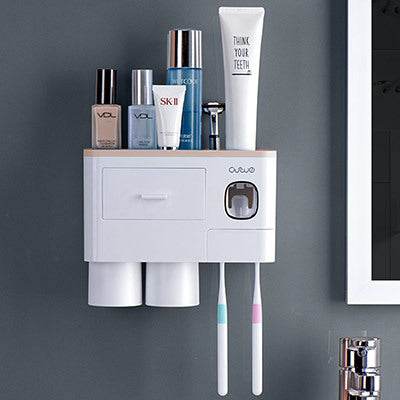 Non-marking Hanging Magnetic Toothbrush Holder Single Drawer Storage Rack With Toothpaste Squeezer Toiletry Set - ProTrendyz