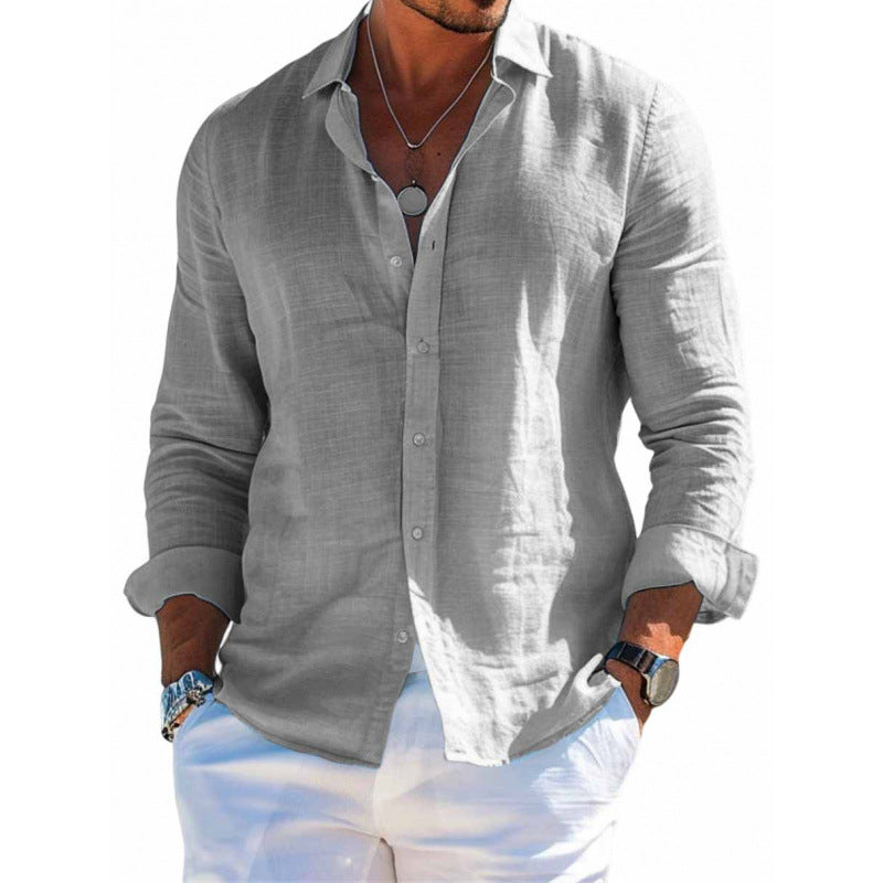 Men's Long Sleeve Shirt Casual Loose Lapel Button Top Solid Color Plus Size Blouse Clothing