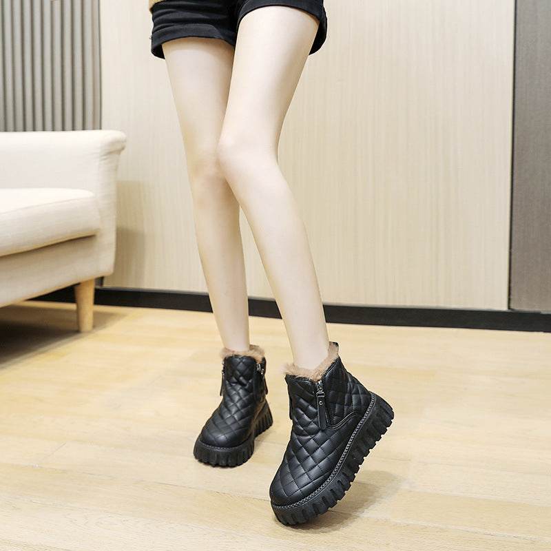Women's Plaid Pattern Platform Ankle Boots Casual Side Zipper Plush Lined Snow Boots Winter Comfortable Short Boots - ProTrendyz