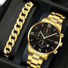 2pcs Men's New Popular Steel Strip Fashion Business Three Eye Quartz Watch Bracelet Set Valentine's Day Gifts - ProTrendyz