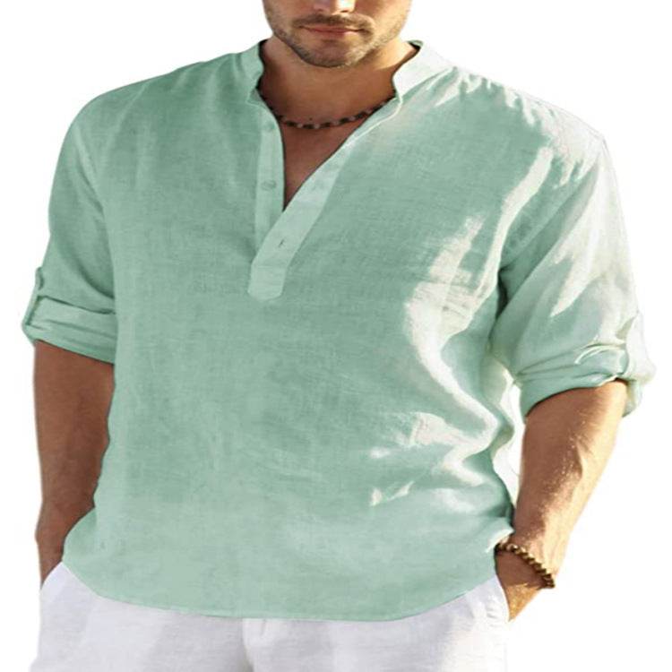 Men's Casual Cotton Linen Solid Color Long Sleeve Shirt Loose Stand Collar - ProTrendyz